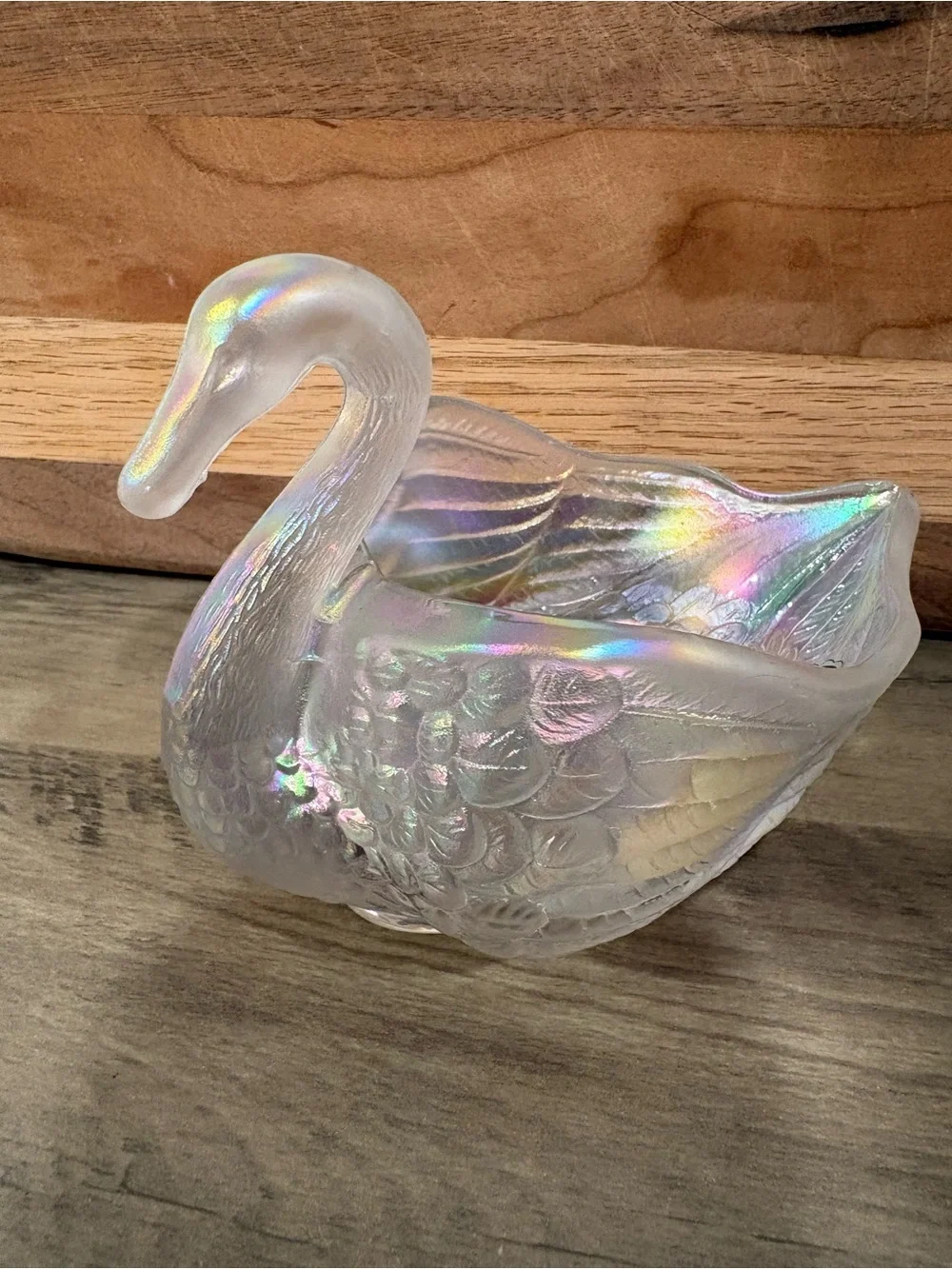 Imperial Iridescent Carnival Glass Swan Trinket or Candy Dish.